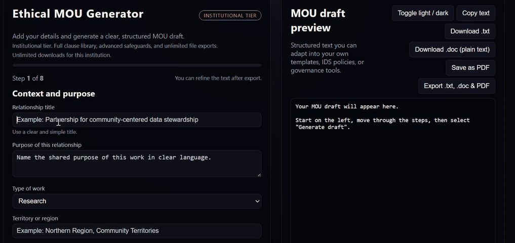 Looping demo of the Ethical MOU Generator interface.